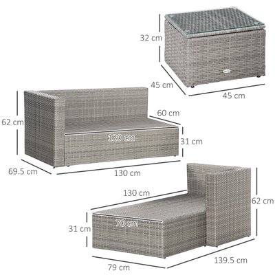 Outsunny 3 Pieces Outdoor PE Rattan Sofa Set, Patio Wicker Conversation Chaise Lounge Furniture w/ Tempered Glass Table-top & Soft Padded Cushion for Garden, Backyard, Lawn, Grey 