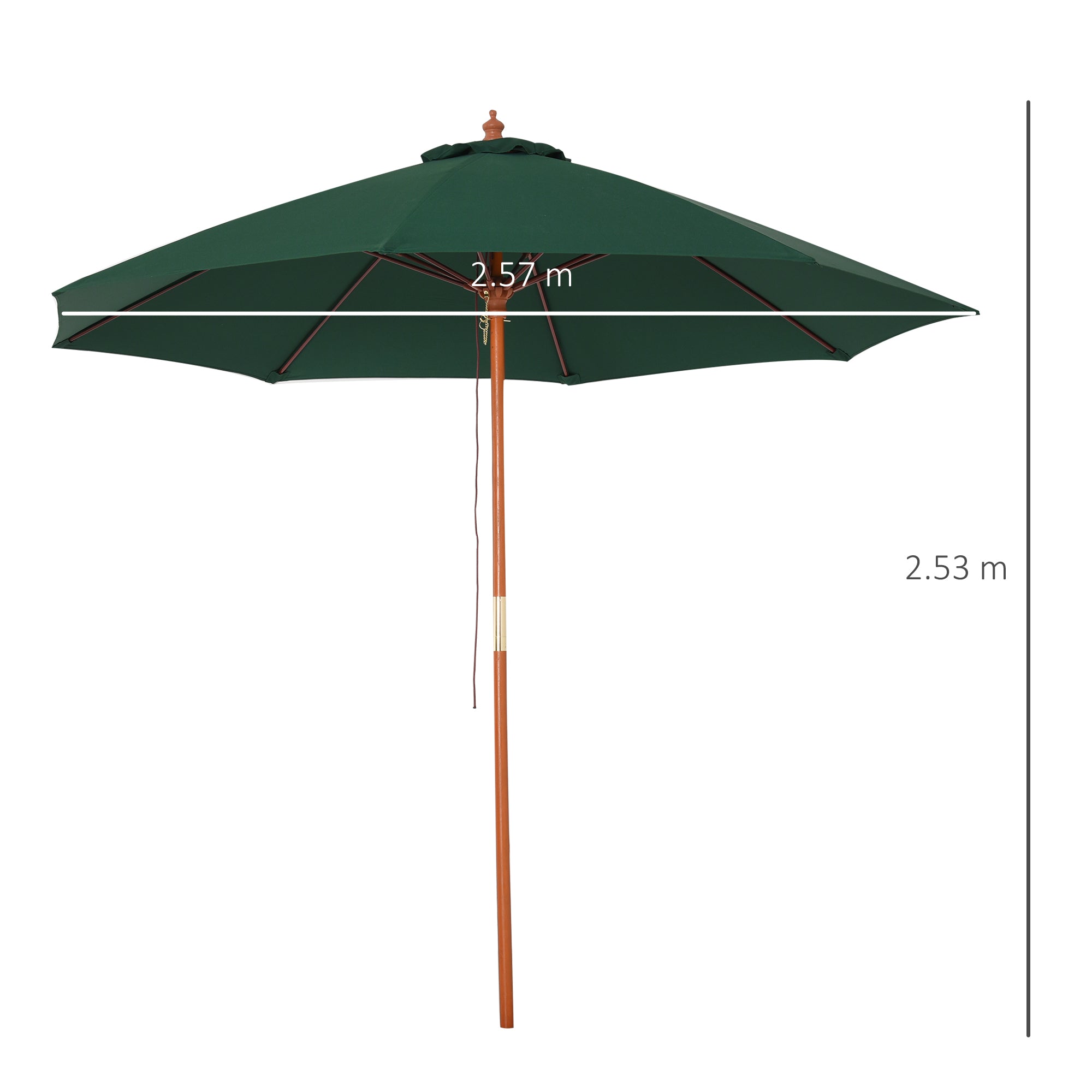 Outsunny 2.5m Garden Parasol Umbrella, Outdoor Market Table Umbrella with Wooden Pole & 8 Fibre Glass Ribs, Round Sun Shade Canopy, Green 