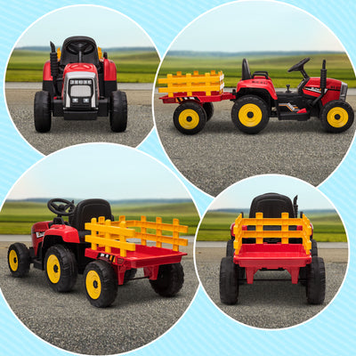 HOMCOM Ride On Tractor, Battery Powered Electric Car, with Detachable Trailer, Remote Control, Music - Red 