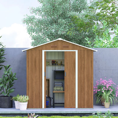 Outsunny 6.5 x 3.5ft Metal Garden Storage Shed - Brown Wood Effect 