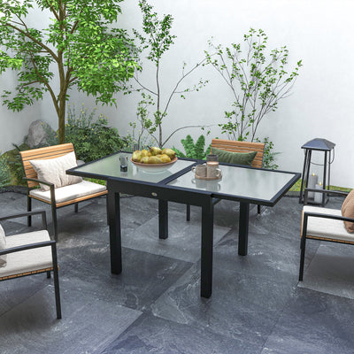 Outsunny Extending Garden Table, Outdoor Dining Table with Aluminium Frame and Tempered Glass Tabletop, 80/160 x 80 x 75 cm, Black and Clear 