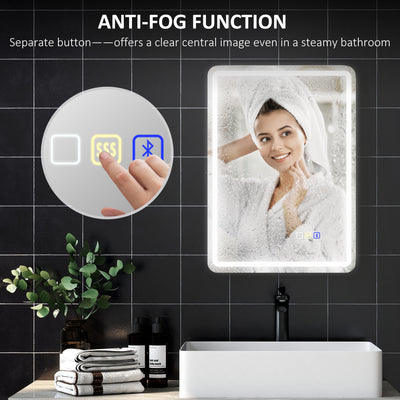 HOMCOM 60 x 80 cm Bluetooth LED Bathroom Mirror with Clock Anti-Fog - Silver Tone 