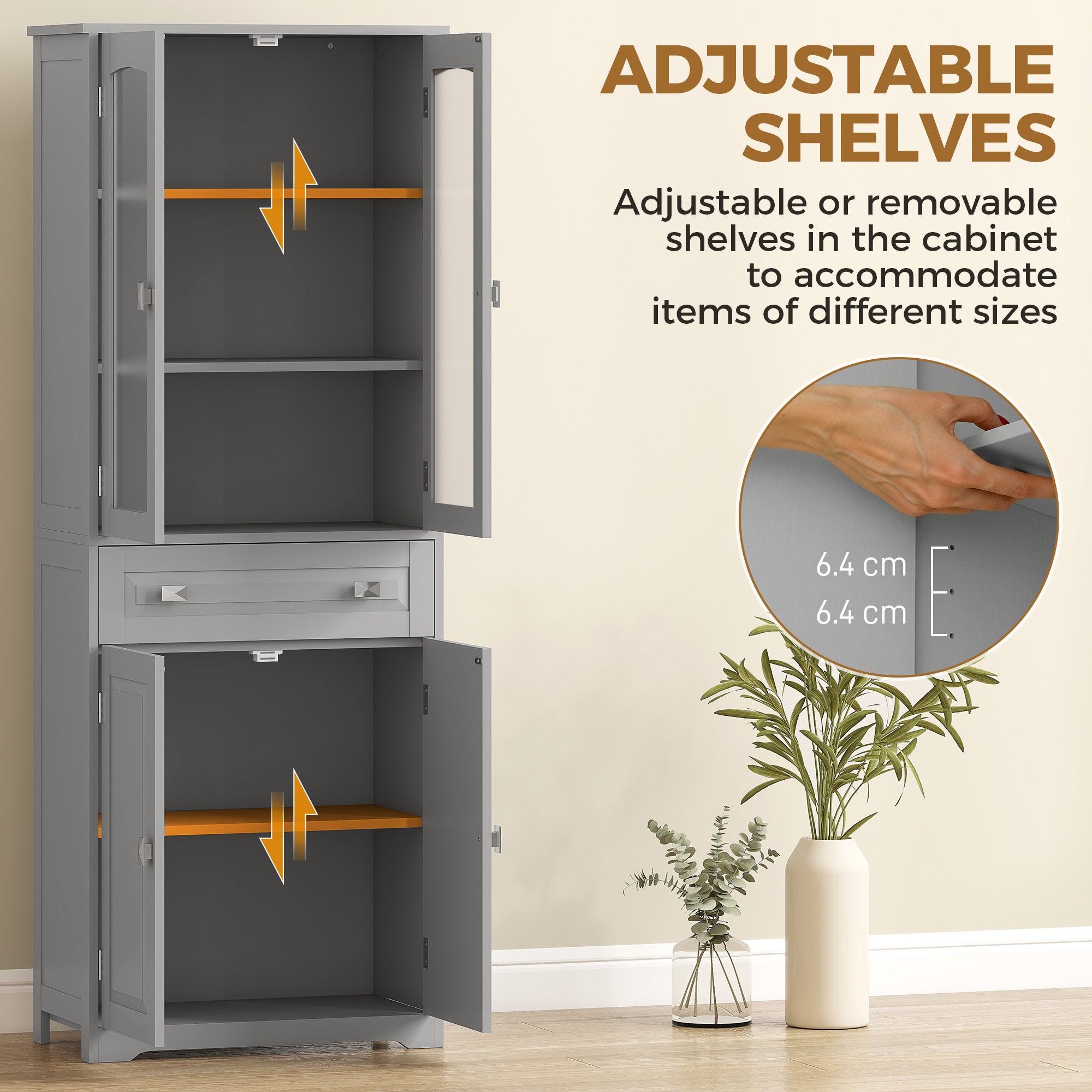 HOMCOM Freestanding Kitchen Cupboard, Storage Cabinet with 2 Adjustable Shelves, Drawer and Glass Door for Living Room, Grey 