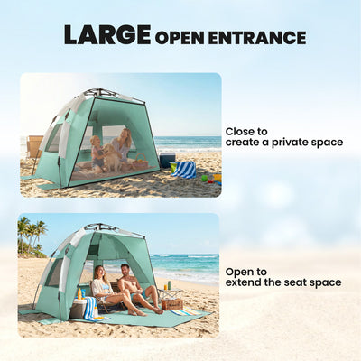 Outsunny 2-3 Person Pop Up Beach Tent, UPF15+ Sun Shelter with Extended Floor, Sandbags, Mesh Windows and Carry Bag, Green 