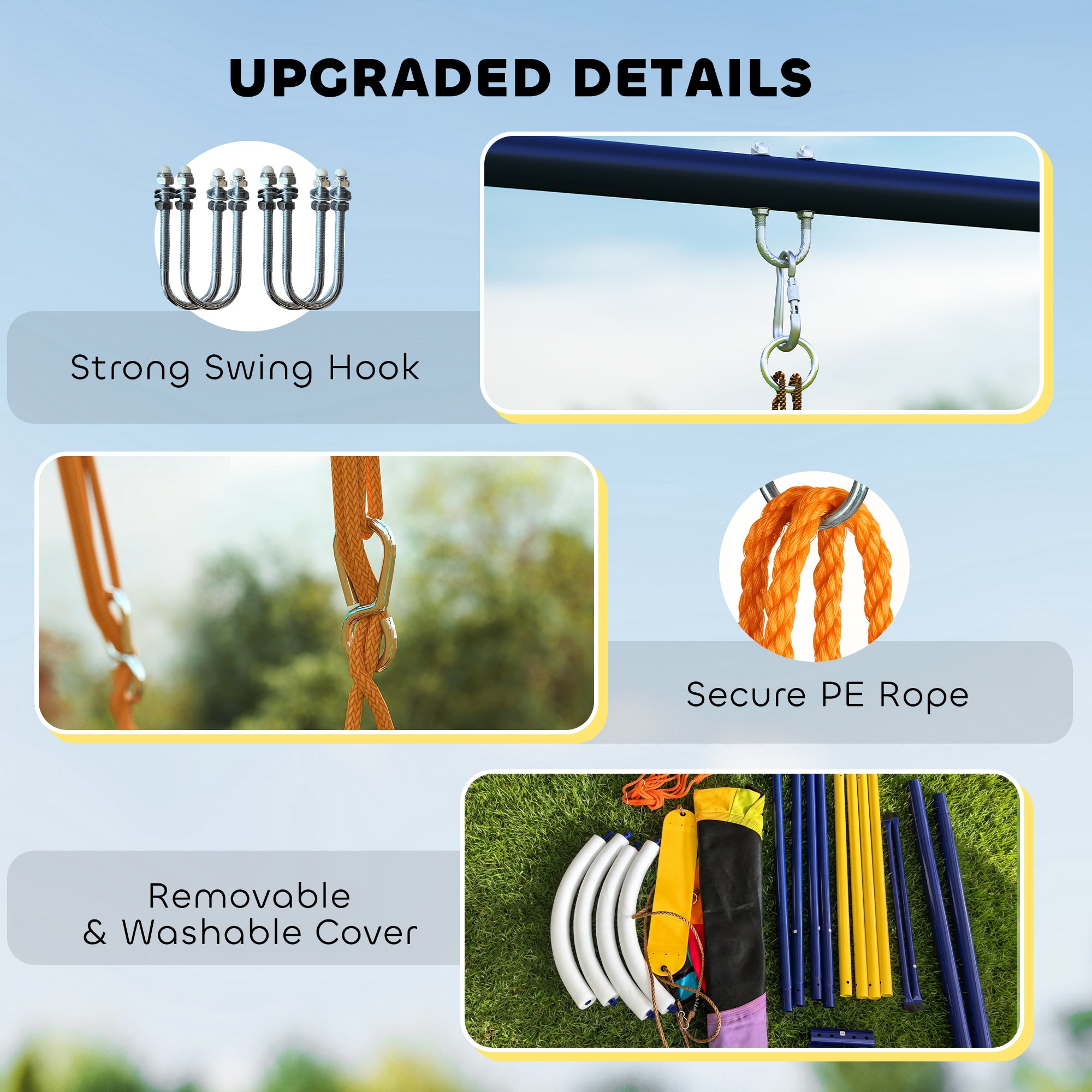 AIYAPLAY Kids Swing Set with Double Swings, Outdoor Playset with Adjustable Ropes, Metal Frame for Ages 3-8, 150kg Capacity 