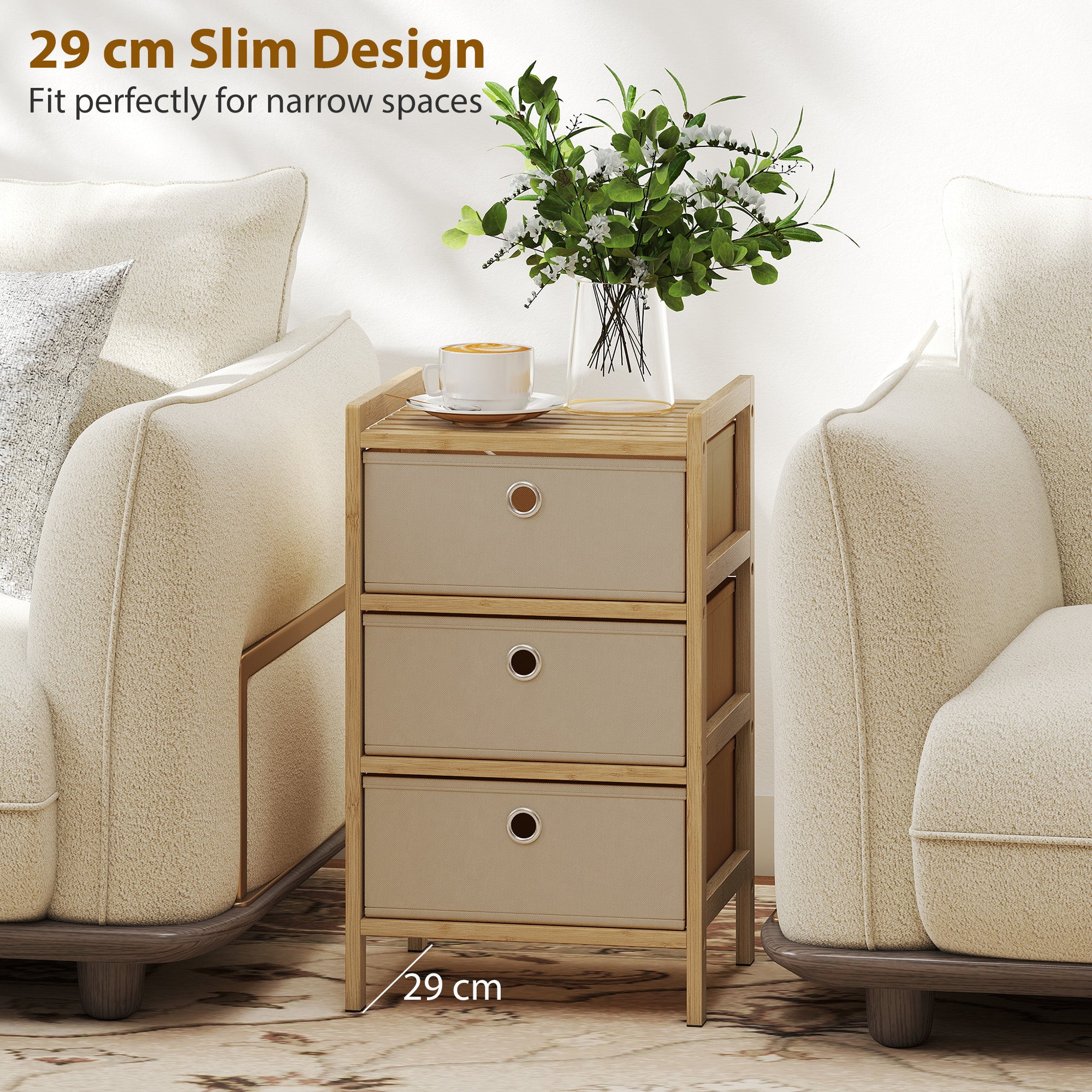 HOMCOM Chest of Drawers, 3 Fabric Drawers Narrow Dresser with Bamboo Frame, Cream White 