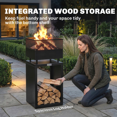 Outsunny Outdoor Fire Pit with Wood Storage Wood Burning Firepit with Mesh Sides 87 cm Black 