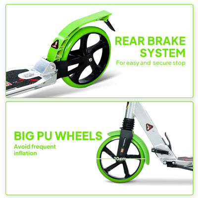 HOMCOM Folding Kick Scooter, Adjustable Ride On Scooter with 200mm Big Wheels and Double Shock Absorption, Urban Scooter for 14+ Teens Adult, Green 