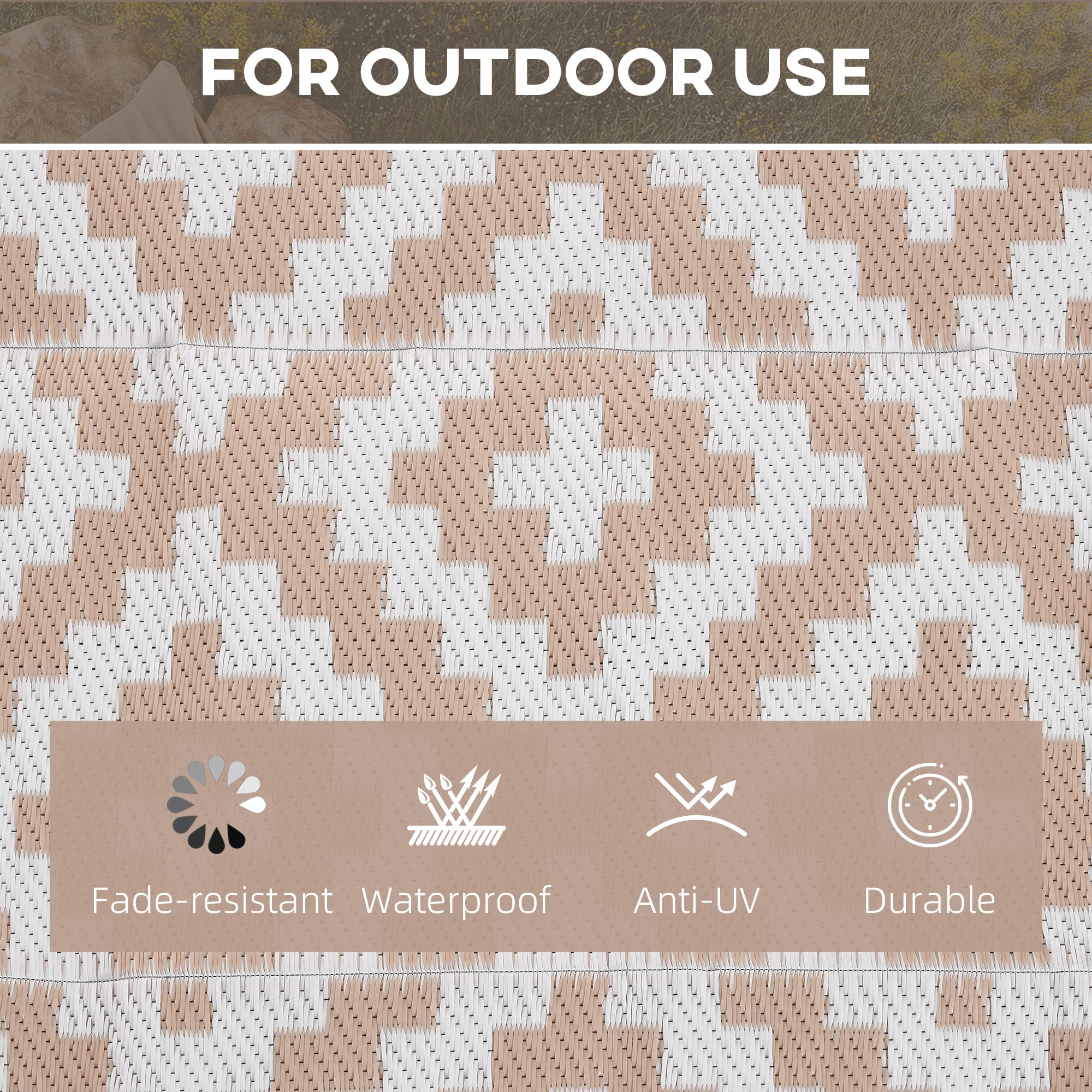 Outsunny Reversible Outdoor RV Rug, Patio Floor Mat, 274 x 182 cm Plastic Straw Rug for Garden, terrace, Beach, Camping, Coffee & White 