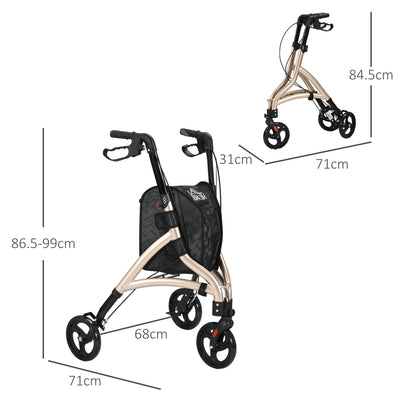 HOMCOM 3 Wheel Rollator, Lightweight Aluminium Tri Walker with Adjustable Handle, Storage Bag and Dual Brakes, Folding Mobility Walking Aid for Elderly, Handicapped, 5.3kg, Gold Tone 