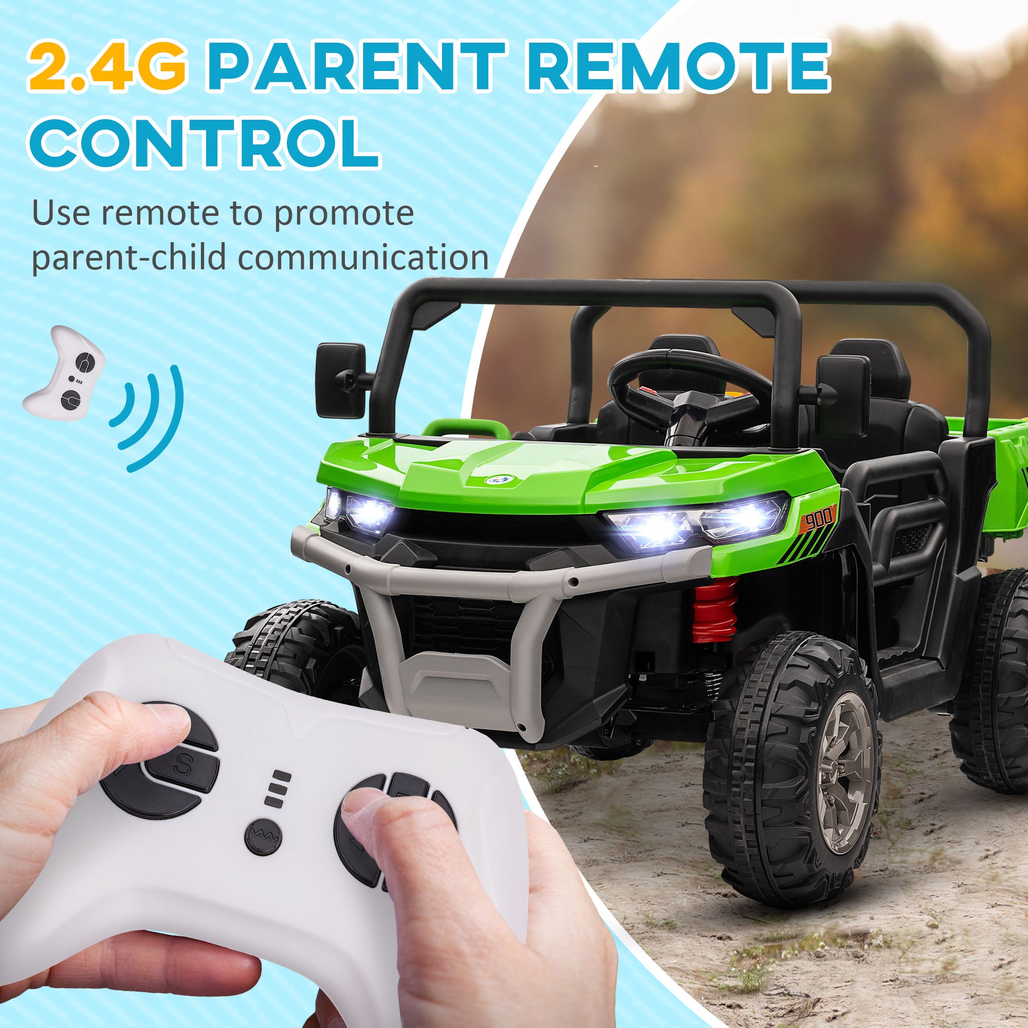 HOMCOM 12V 2 Seater Kids Electric Ride-On Car with Electric Bucket, Remote Control - Green 