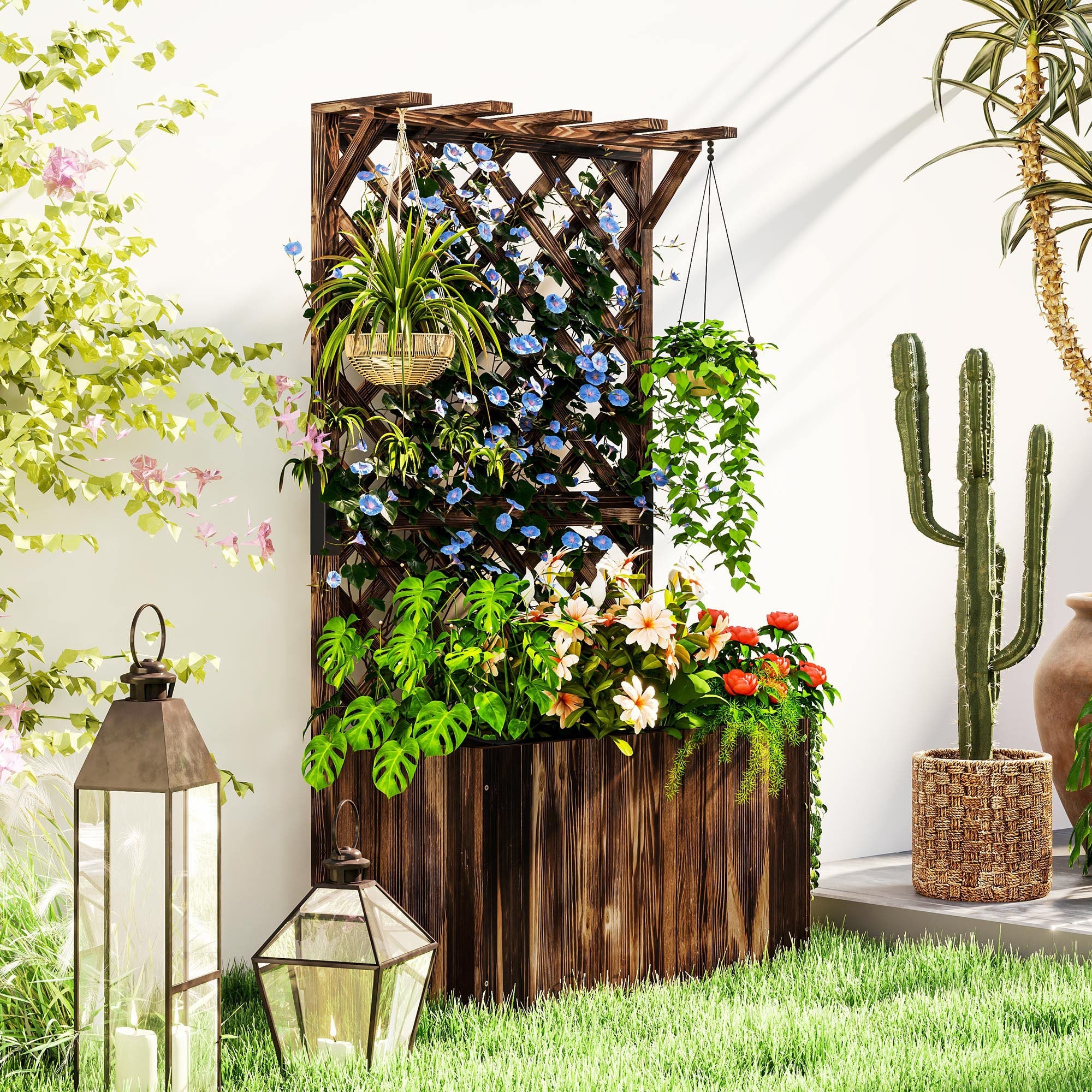 Outsunny Wooden Planter with Trellis, Freestanding Raised Garden Bed with Drainage Holes, Outdoor Planter Box with Liner for Vegetables, Herbs and Flowers, Carbonised 