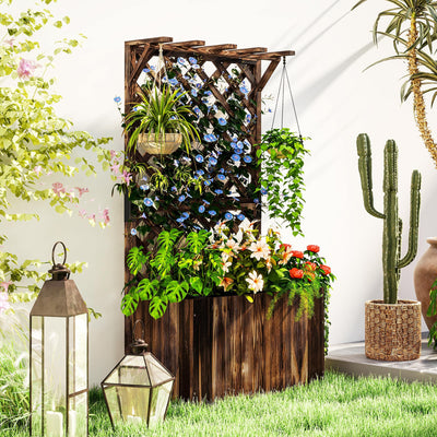 Outsunny Wooden Planter with Trellis, Freestanding Raised Garden Bed with Drainage Holes, Outdoor Planter Box with Liner for Vegetables, Herbs and Flowers, Carbonised 