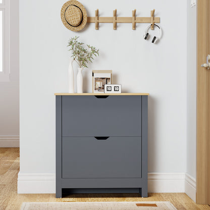 HOMCOM Slim Shoe Cabinet, Narrow Shoe Cupboard with 2 Flip Drawers, Adjustable Shelves for 12 Pairs of Shoes, Charcoal Grey