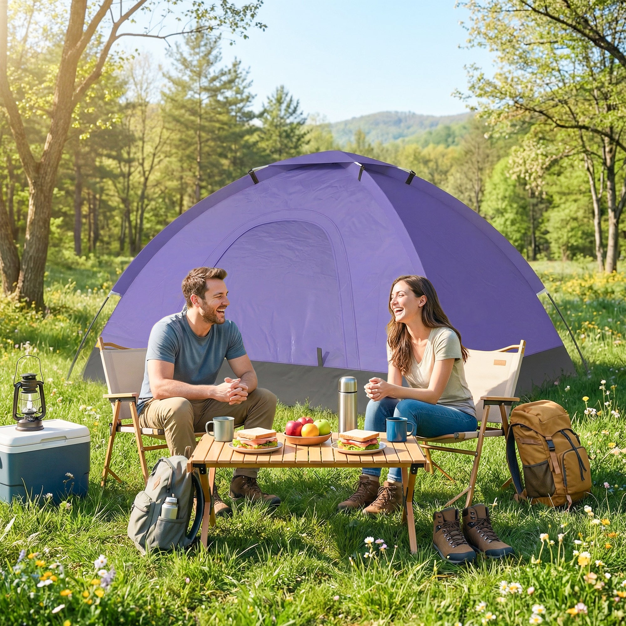 Outsunny 2 Person Camping Tent, Dome Tent with Zipped Doors, Storage Pocket, Portable Handy Bag, Light Purple 