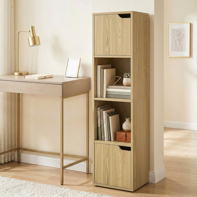 HOMCOM Narrow Bookcase, 4-Tier Bookshelf, Storage Cabinet with doors for Living Room, Bedroom, Oak