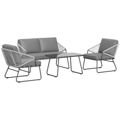 Outsunny 4 Piece Rattan Garden Furniture Set, Wicker Patio Outdoor Furniture Set with Loveseat, Armchairs, Glass Top Coffee Table and Cushions for Patio, Conservatory, Balcony, Grey 