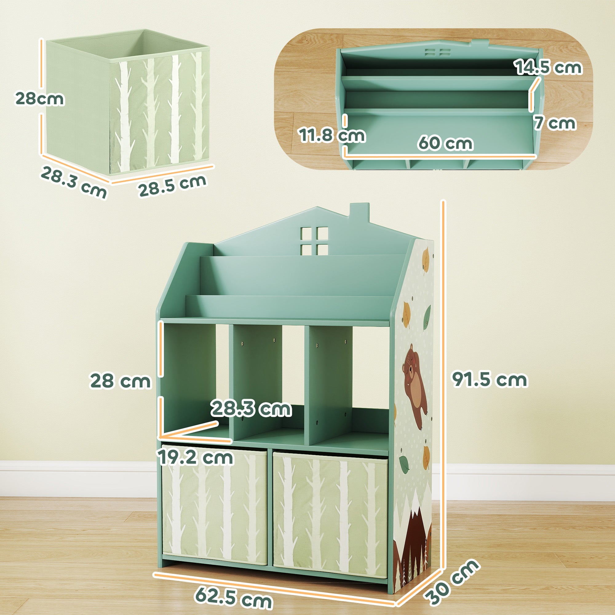 AIYAPLAY Kids Bookshelf with Storage, Toy Storage Unit with Book Display, Shelves and Fabric Drawers for Playroom Nursery, Green 
