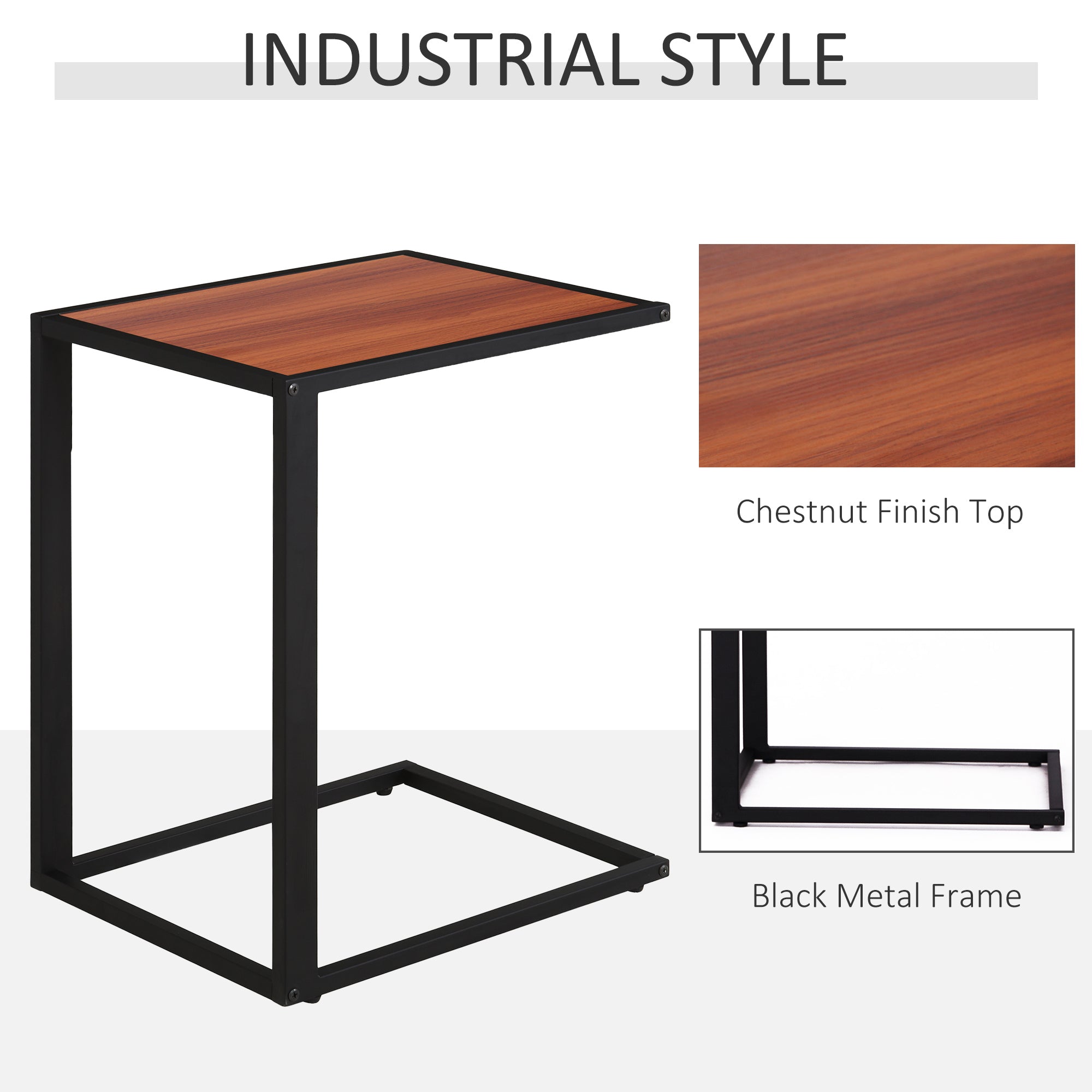HOMCOM C-Shaped Side Table, Sofa End Table with Metal Frame, Accent Couch Table for Living room, Bedroom, Walnut and Black 