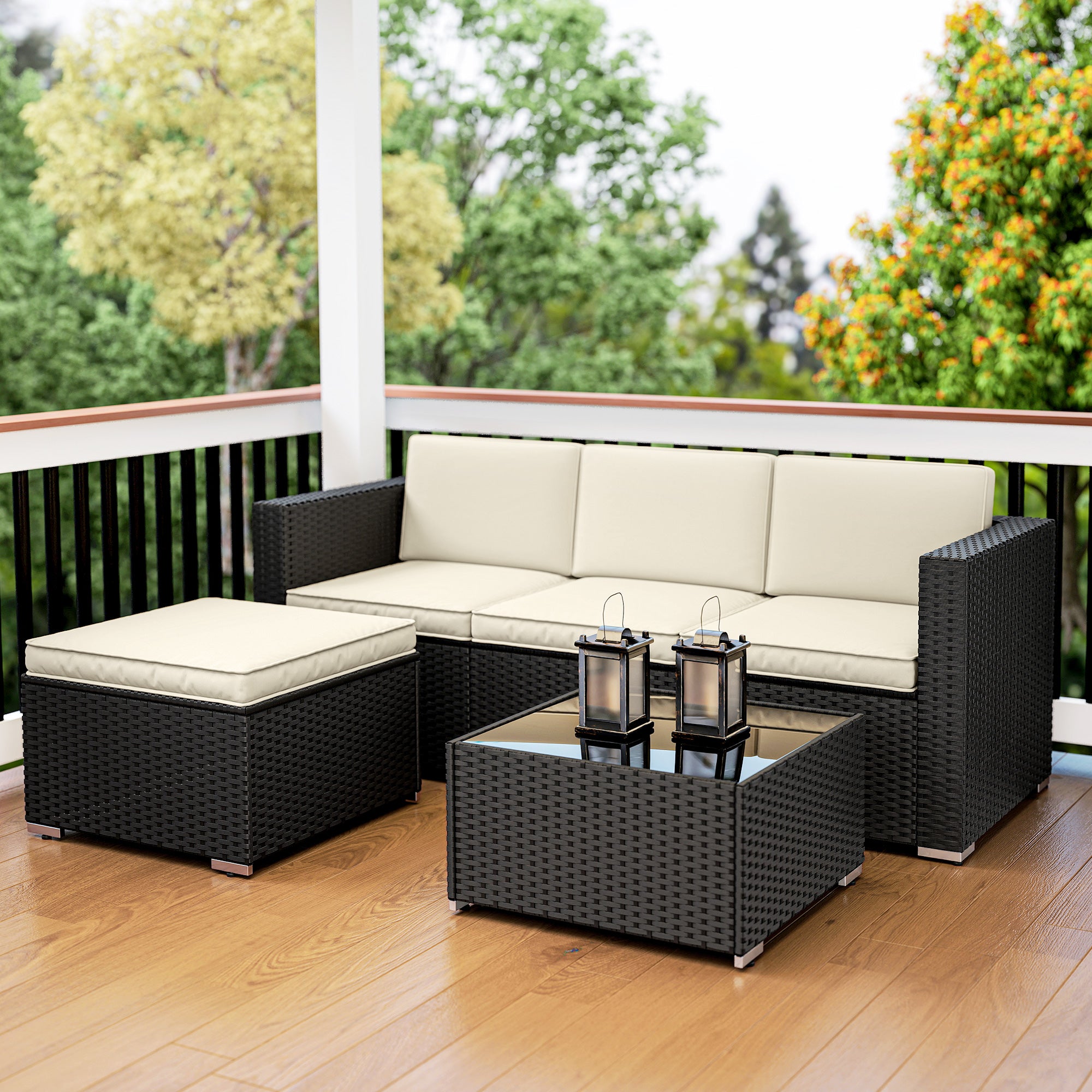 Outsunny 3 Pieces Garden Furniture Set w/ Cushions, PE Rattan Wicker Conversation Corner Sofa Set 