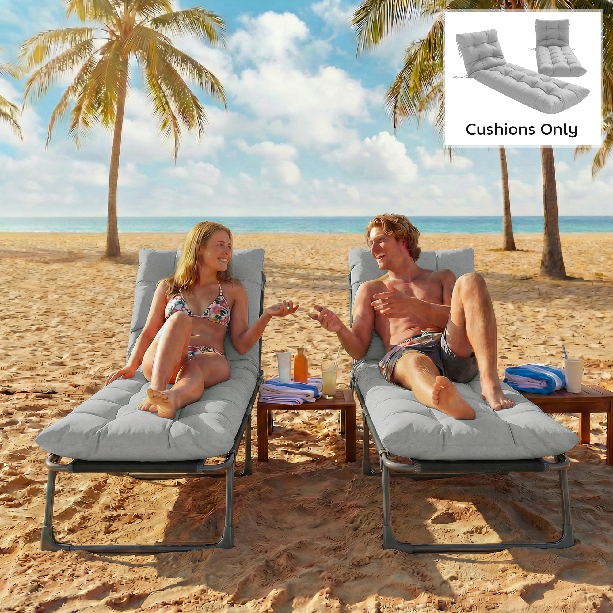 Outsunny Sun Lounger Cushions Only, Garden Lounge Chair Cushions Set of 2, Sunbed Replacement Pads with 4 Ties, Light Grey 