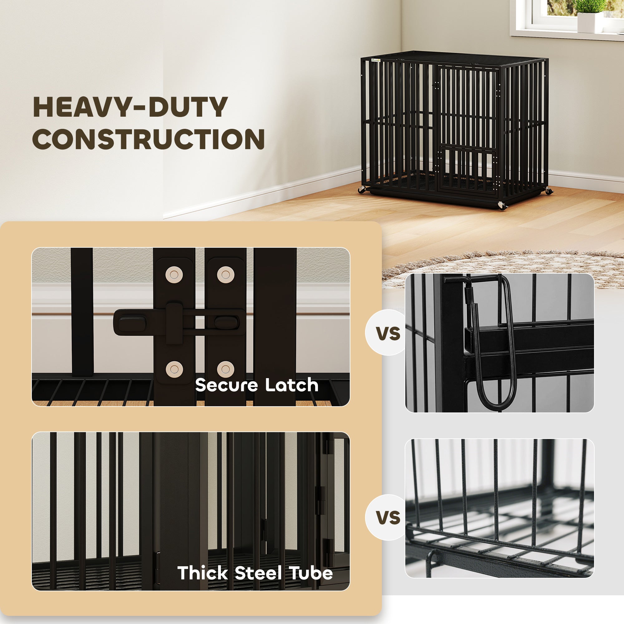PawHut Heavy Duty Dog Crate, Dog Cage with Wheels for Small Medium Breeds, Metal Pet Kennel with Removable Tray 