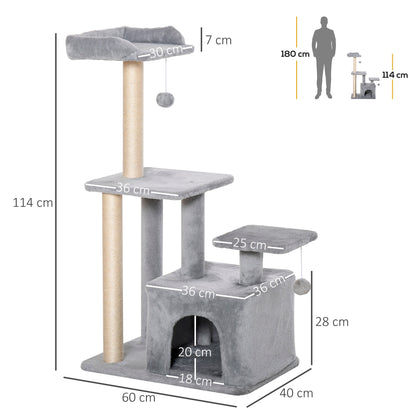 PawHut Cat Tree Tower for Indoor Cats 114cm Climbing Activity Centre Kitten with Sisal Scratching Post Perch Hanging Ball Condo Toy Light Grey 