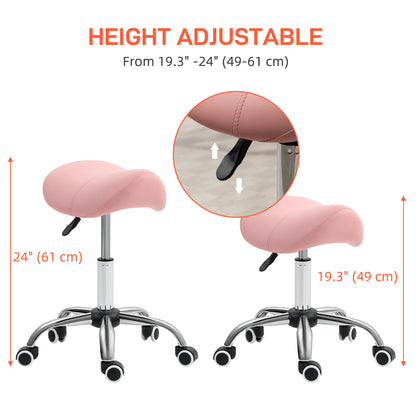 HOMCOM Saddle Stool, Height Adjustable Salon Chair for Massage Spa, Faux Leather, Pink 