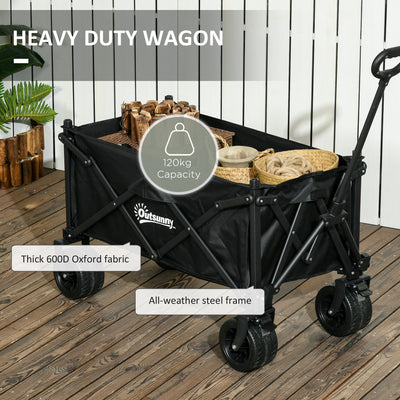 Outsunny Folding Garden Trolley, Outdoor Wagon Cart with Carry Bag, for Beach, Camping, Festival, 120KG Capacity, Black 