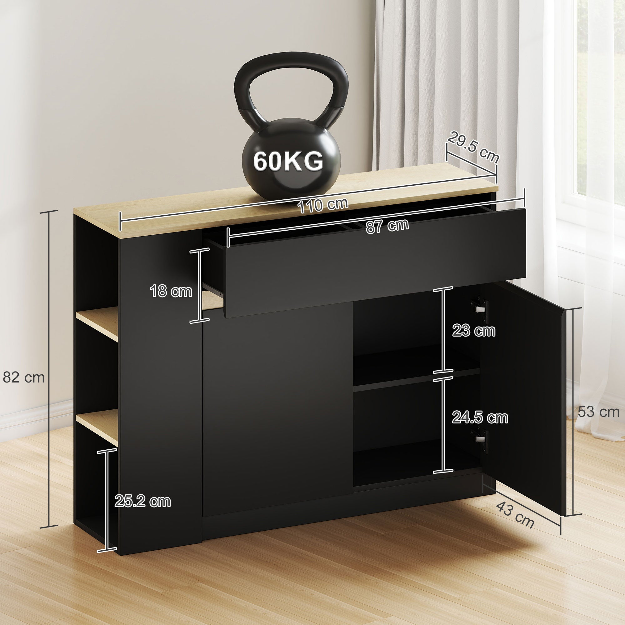 HOMCOM Sideboard, Storage Cabinet with Adjustable Shelf, 2 Drawers, 3 Open Shelves, Black 