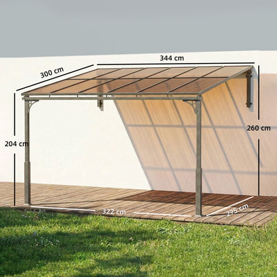 Outsunny 3.4 x 3 m Metal Lean-to Pergola, Wall-Mounted Garden Pergola with Polycarbonate Roof and Metal-Aluminium Frame, Heavy Duty Hardtop Gazebo for Outdoor Patios, BBQ, Brown 