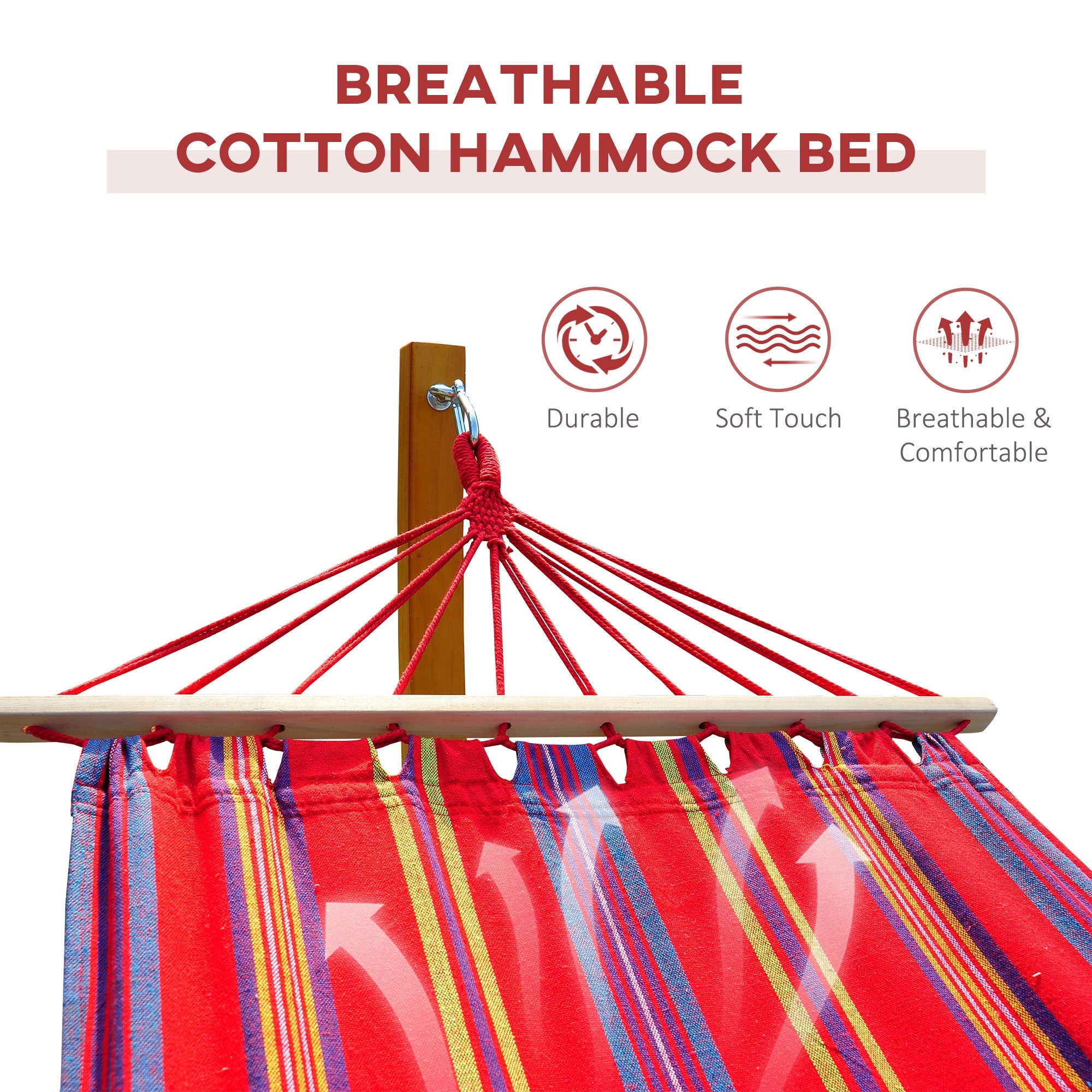 Outsunny Outdoor Hammock with Stand, Free Standing Hammock with Arc Wooden Frame and 200 x 100cm Fabric, Garden Swing Hanging Bed with Safe Ropes, Multicolour 