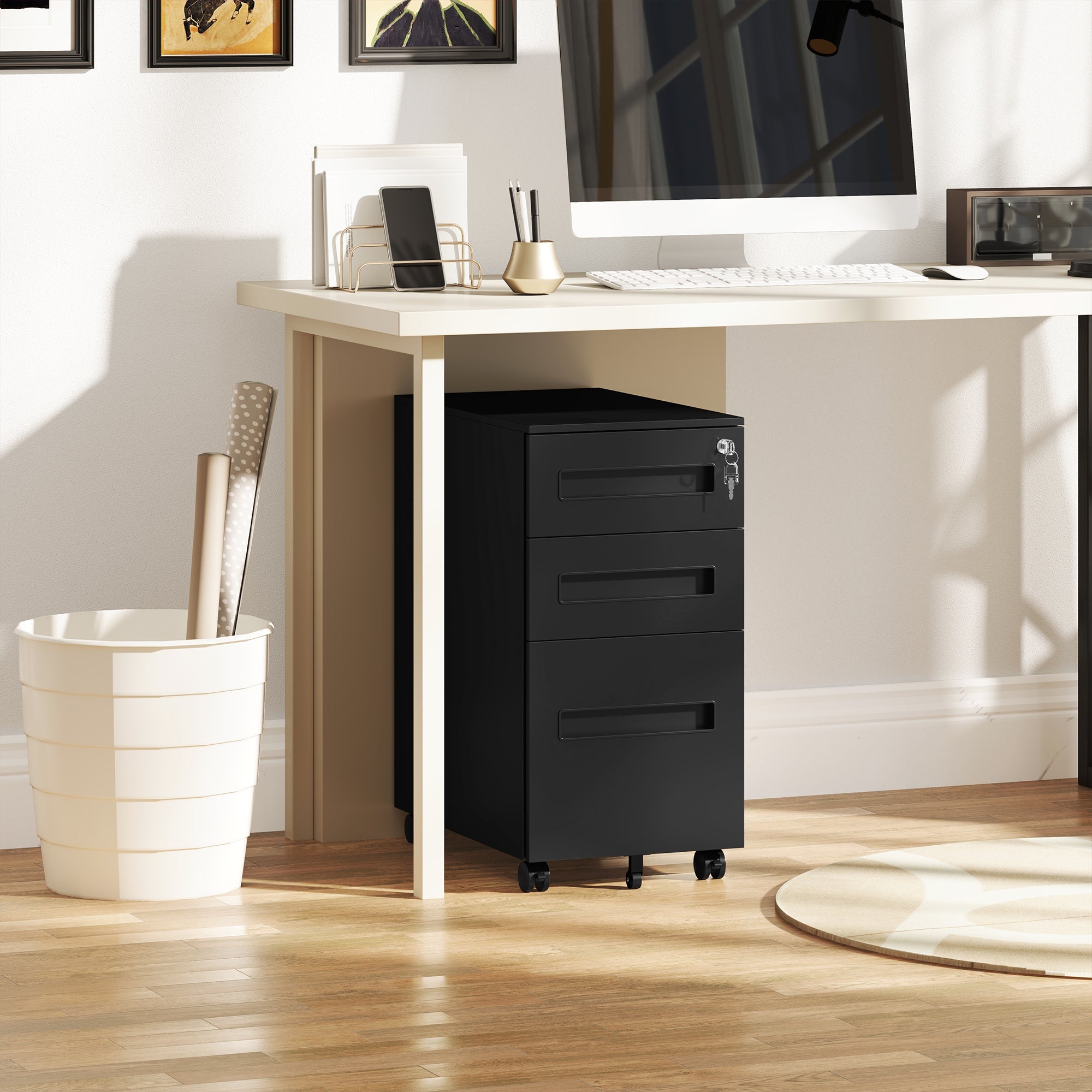 Vinsetto Metal Mobile File Cabinet with Wheels, Lockable 3 Drawer Filing Cabinet for A4, Legal, Letter, Compact Under Desk Storage Unit with Pre-Assembled Body for Home Office, 30 x 43.5 x 60cm, Black 