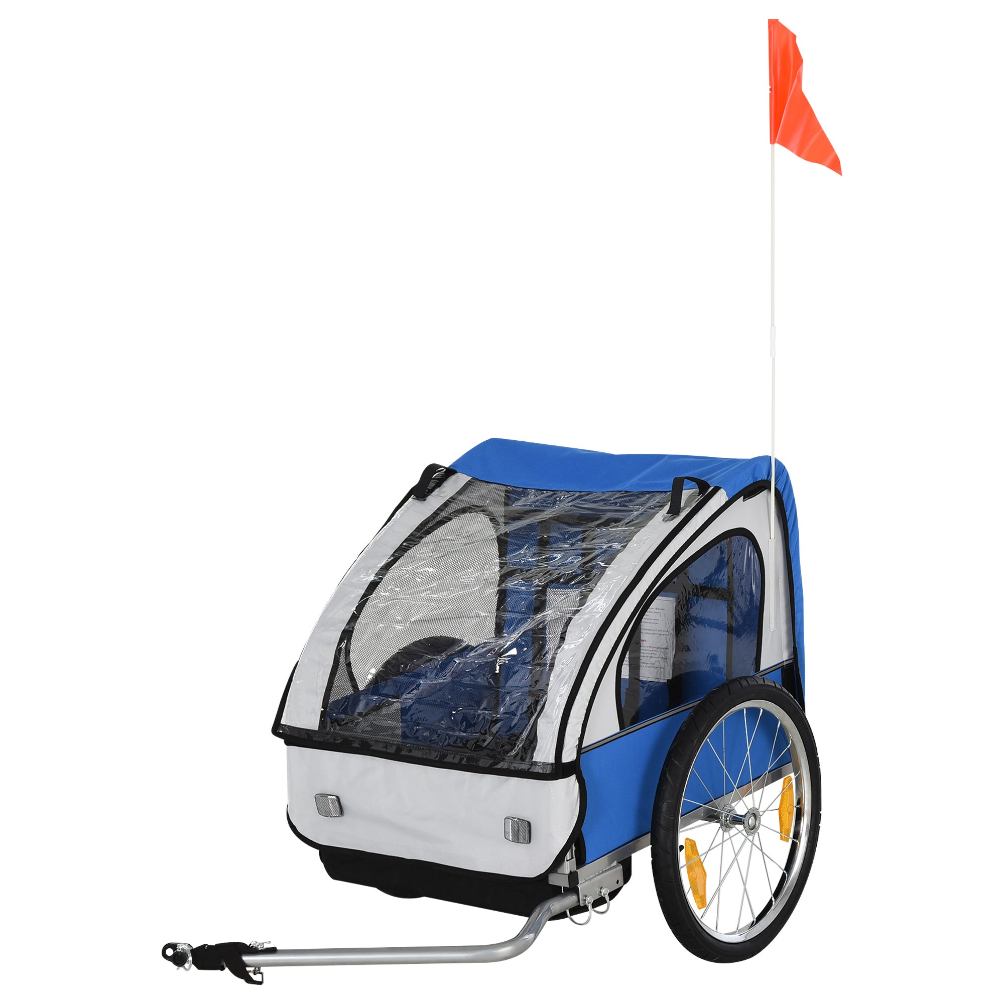 HOMCOM 2 Seat Bike Trailer Bicycle wagon for Kids Child Steel Frame Safety Harness Seat Carrier Hitch Coupler Blue White 130 x 76 x 88 cm 