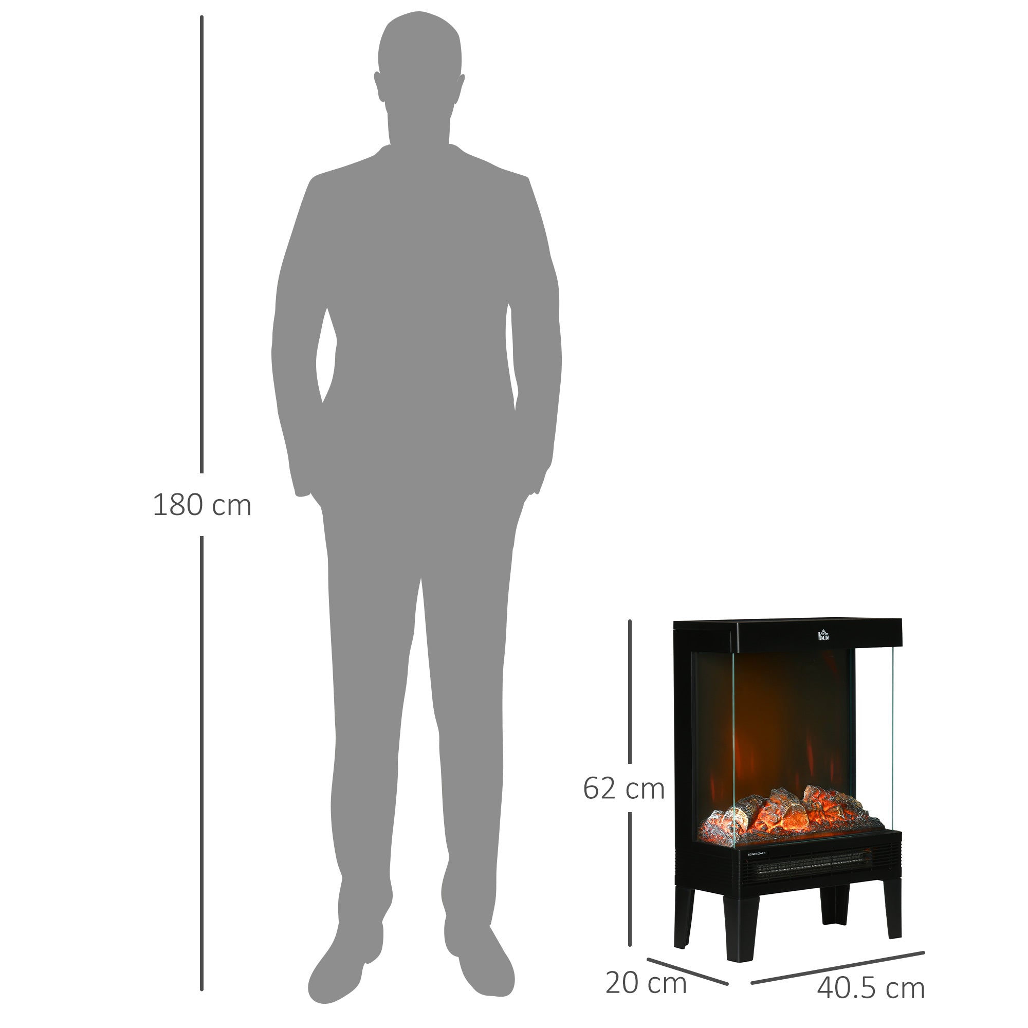 HOMCOM 180\'c2\'b0 Charming Electric Fireplace Heater, Quiet Freestanding Stove with LED Flame Effect, Level-less Temperature Control, Overheating Protection, 1000W/2000W, Black