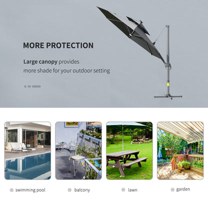 Outsunny 3m Cantilever Parasol w/ Solar Lights Power Bank Base 360° Spin Dark Grey 