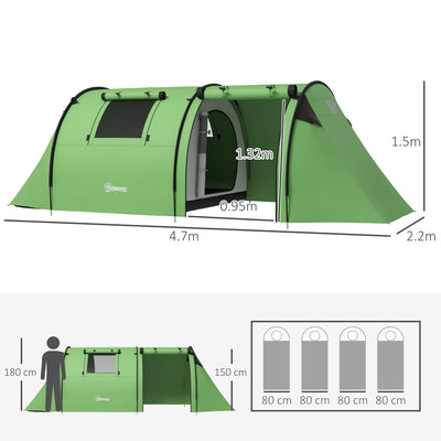 Outsunny Four Man Duo Room Tunnel Tent, with Accessories - Green 