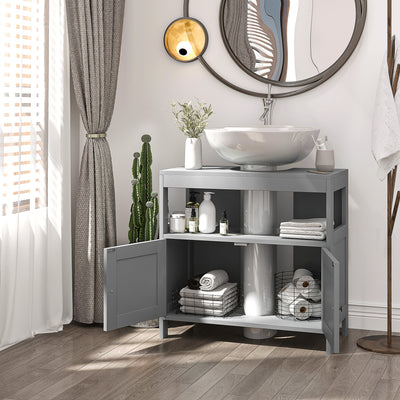 kleankin Pedestal Under Sink Cabinet with Double Doors, Modern Bathroom Vanity Storage Unit with Shelves, Light Grey 
