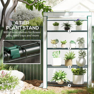 Outsunny 4 Tier Lean-to Mini Greenhouse with Reinforced PE Cover, Portable Small Greenhouse with Roll-Up Door, Green Hemmed Edging, 110 x 50 x 171cm, Green 