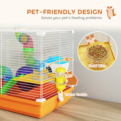 PawHut 2 Tier Hamster Cage, Gerbil Cage with Handle, Exercise Wheels, Tunnel, Water Bottle, Dishes, Ladder, for Dwarf 