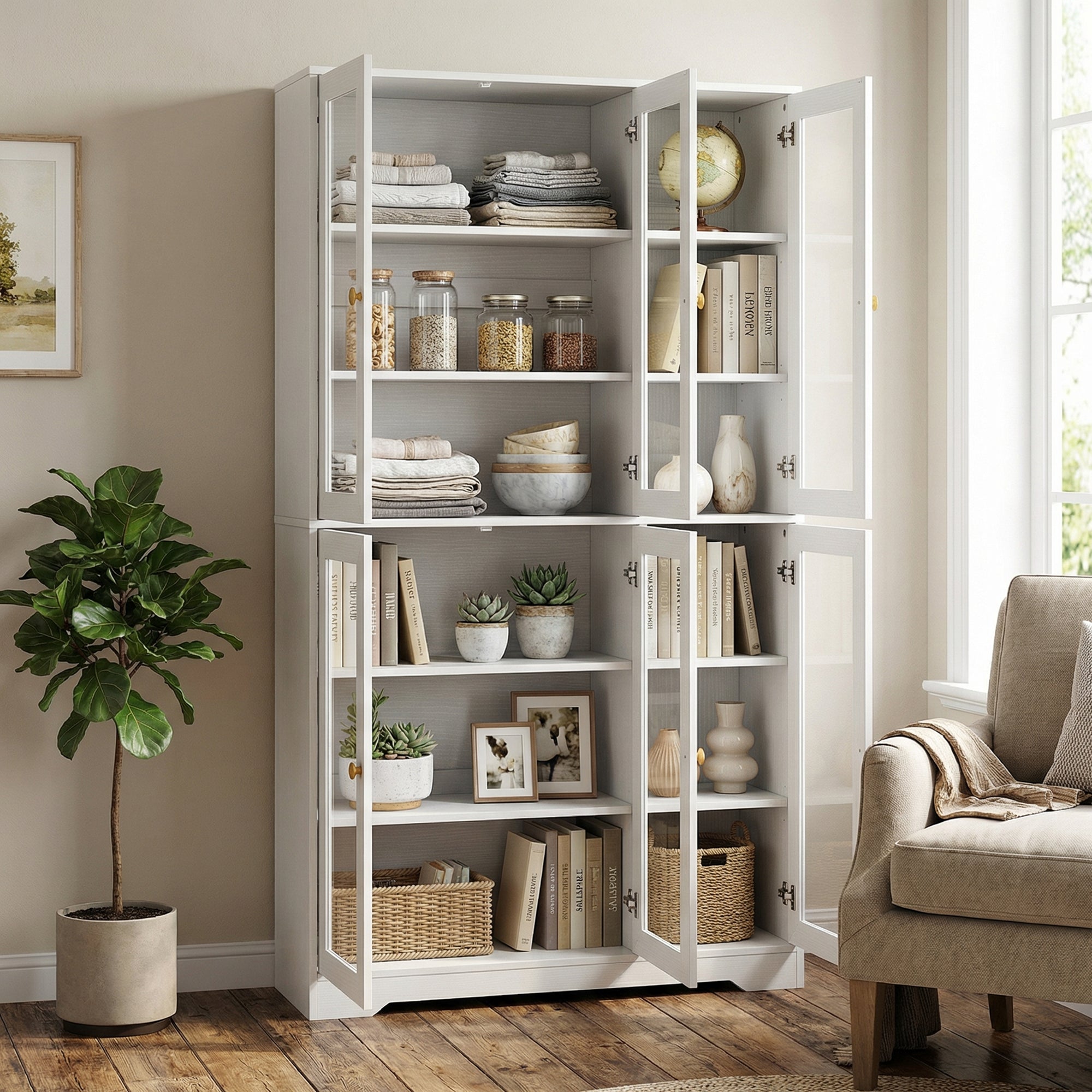 HOMCOM Multi-Storage Kitchen Cabinet, with Glass Doors - White Wood-Effect 