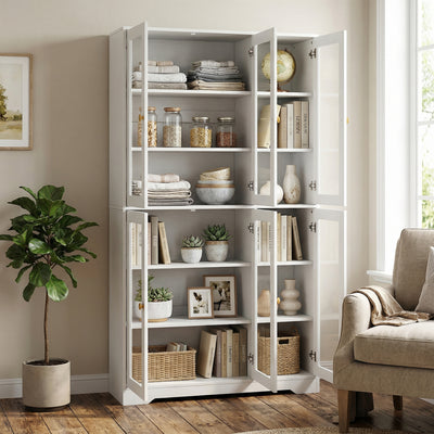 HOMCOM Multi-Storage Kitchen Cabinet, with Glass Doors - White Wood-Effect 