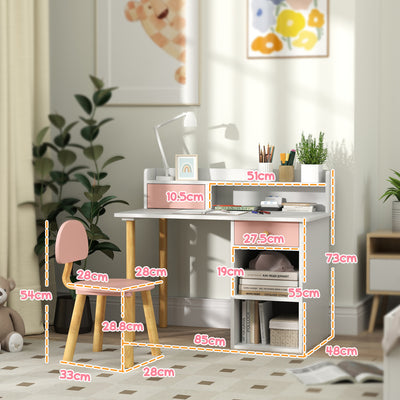 AIYAPLAY 2 Pieces Children Study Table with Hutch, Kids Desk and Chair Set with Storage Drawer, Shelves - Pink 