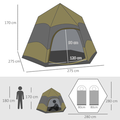 Outsunny Six Man Hexagon Camping Tent with Hang Hook and Carry Bag - Dark Green and Light Grey 