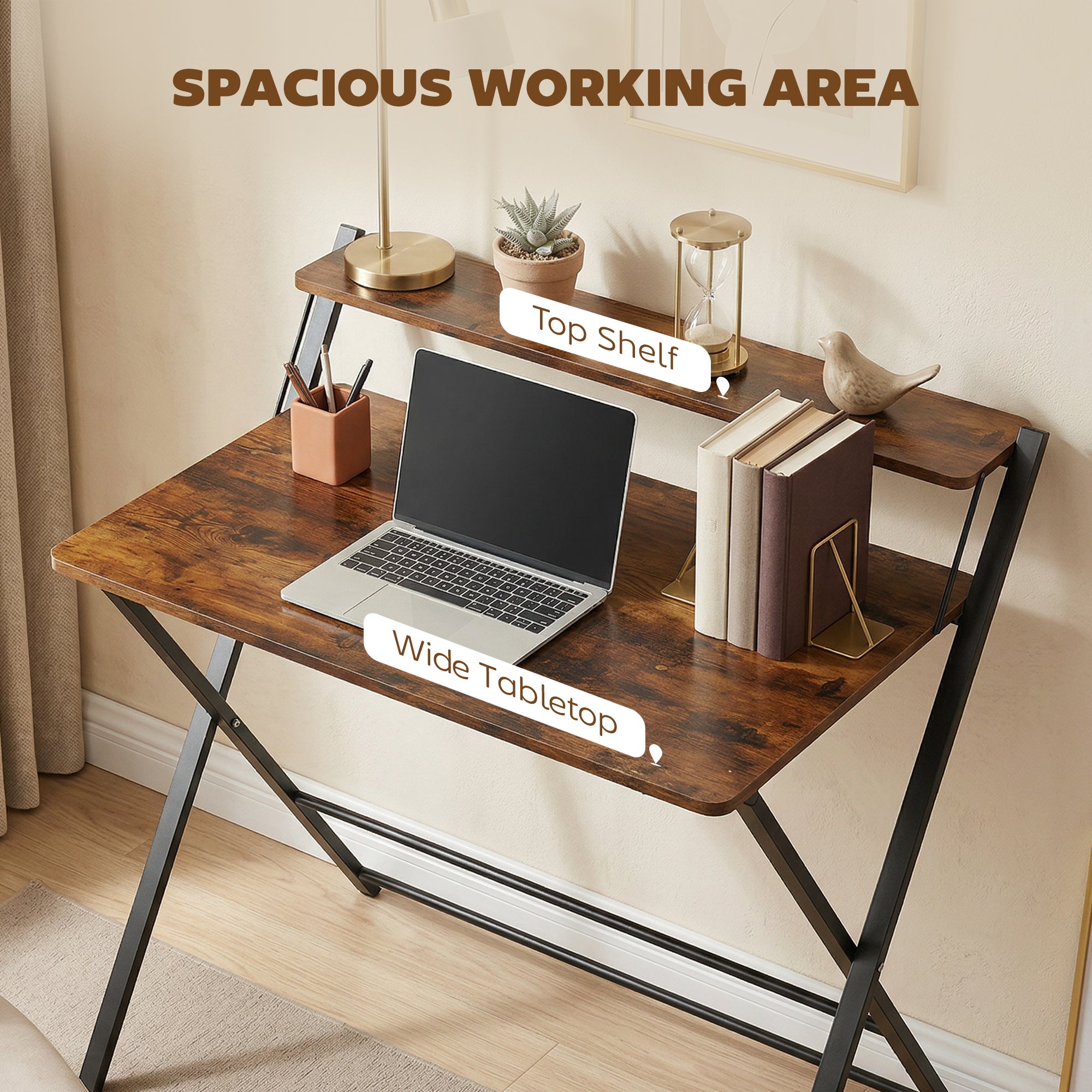 HOMCOM Compact Folding Desk for Small Spaces with Storage Shelf for Home Office, Rustic Brown 