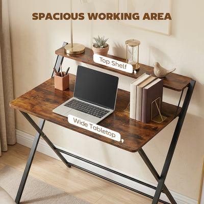 HOMCOM Compact Folding Desk for Small Spaces with Storage Shelf for Home Office, Rustic Brown 