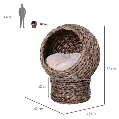 PawHut Wicker Cat Bed, Raised Rattan Cat Basket with Cylindrical Base, Soft Washable Cushion, 42 x 33 x 52cm - Brown 