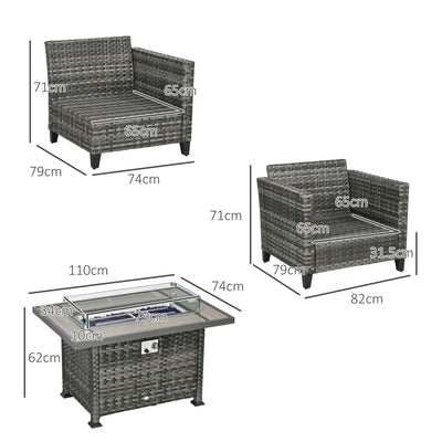 Outsunny 5-Piece Rattan Patio Furniture Set with Gas Fire Pit Table, Loveseat Sofa, Armchairs, Cushions, Pillows, Grey 