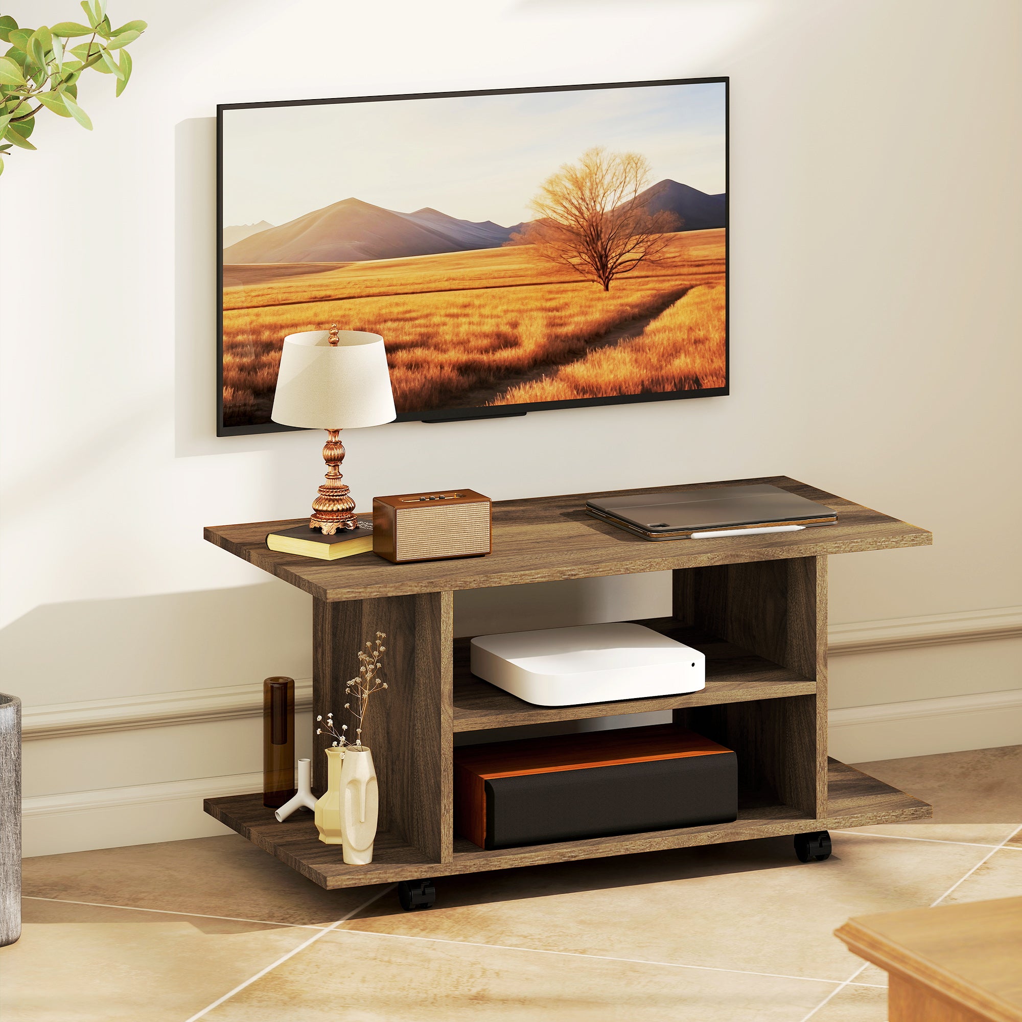 HOMCOM Modern TV Cabinet Stand Storage Shelves Table Mobile Bedroom Furniture Bookshelf Bookcase Walnut 
