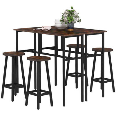 HOMCOM 6-Piece Bar Table Set, 2 Breakfast Tables with 4 Stools, Counter Height Dining Tables & Chairs for Kitchen, Living Room, Rustic Brown 
